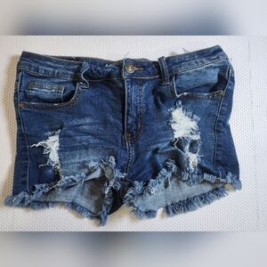 Machine Distressed Dark Blue Denim Cutoff Shorts
